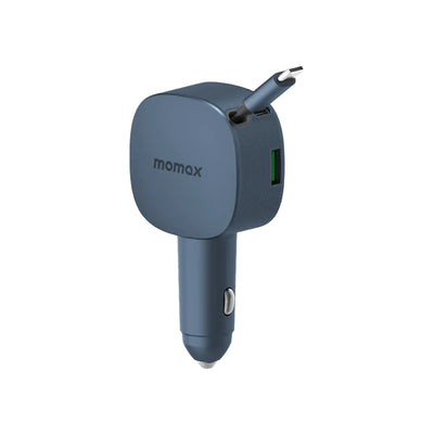 MOMAX 1-Move 2-Port Car Charger With Built-In Retractable Cable - 60W / USB-A / USB-C / Gray