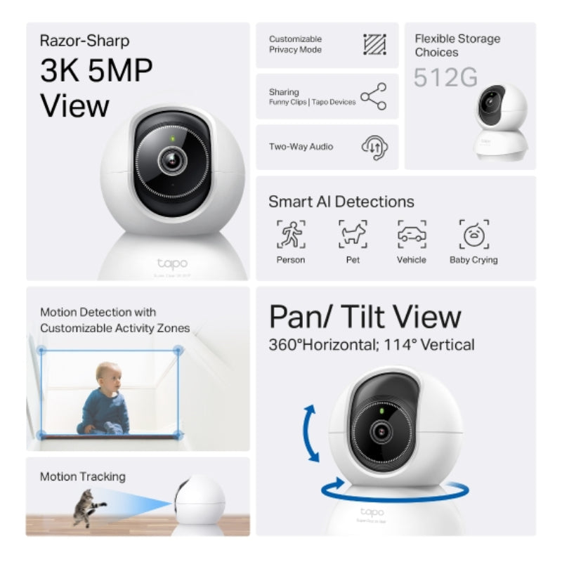 TP-Link Tapo C230 Pan/Tilt AI Home Security Wi-Fi Camera - H.264 / 2880 x 1620 / 2.4 GHz - White