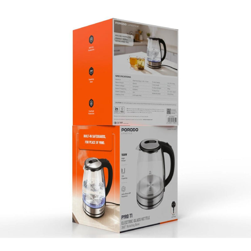 Porodo PYRO Electric Glass Kettle - 1500W / 1.8L / 0.75 Meter / Clear
