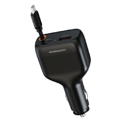 Powerology Car Charger With Type C Retractable Cable - 81W / USB-A / USB-C / Black