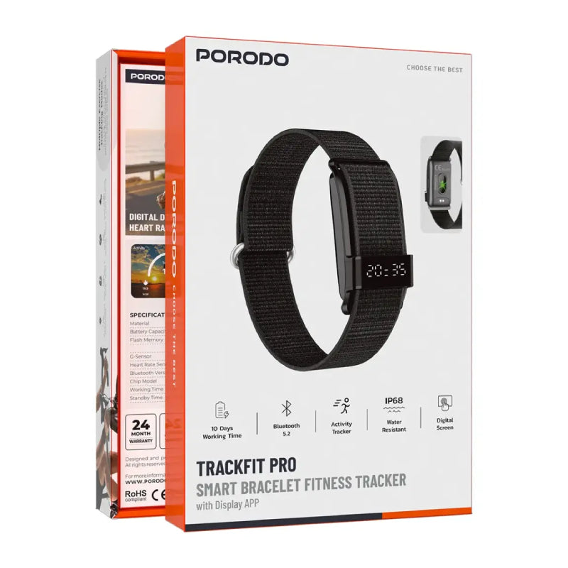 ذكي Porodo Trackfit برو ذكي لتتبع اللياقة البدنية مع شاشة - 145 مللي أمبير / بلوتوث  أسود