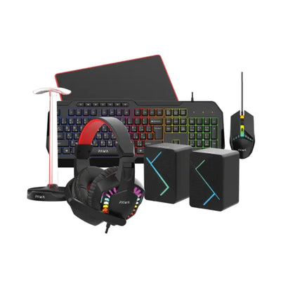 Pawa 6-in-1 Ultimate Gaming Kit (Keyboard, Mouse, Headset, Speakers, Mouse Pad & Headphone Stand) - Black