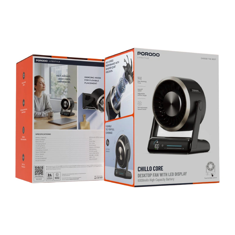 Porodo Lifestyle Chelo Core Desk Fan with LED Display - 6000mAh / USB-C / Black