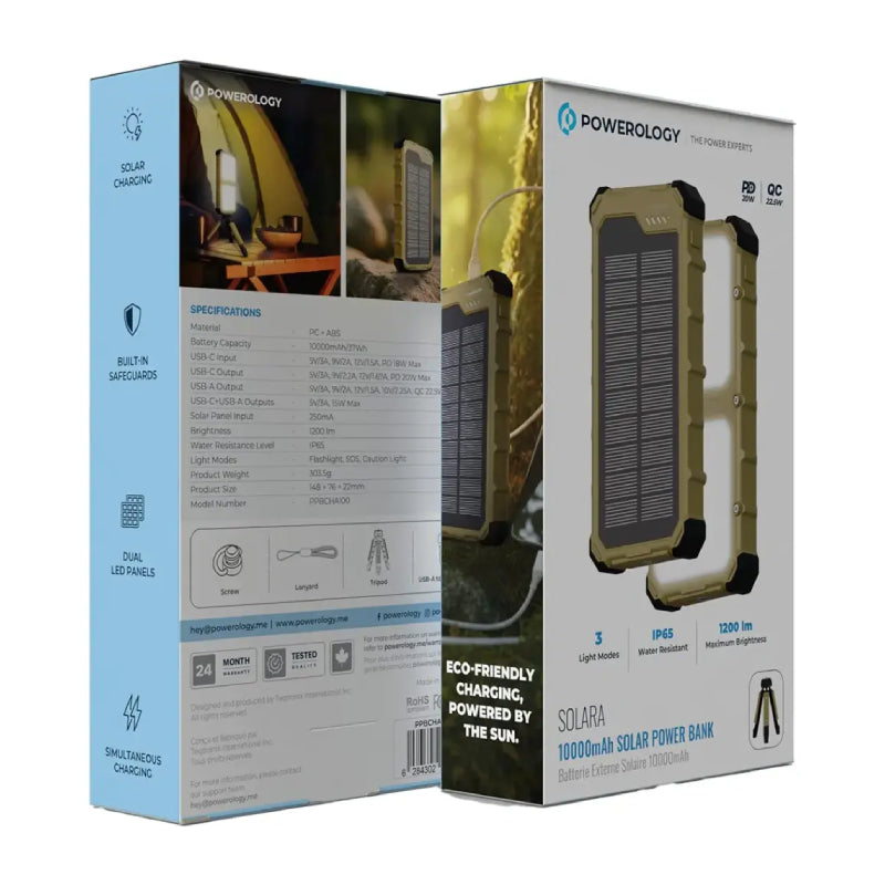Powerology Solara Solar Power Bank - 10000mAh / 20W / USB-A / USB-C / Khaki