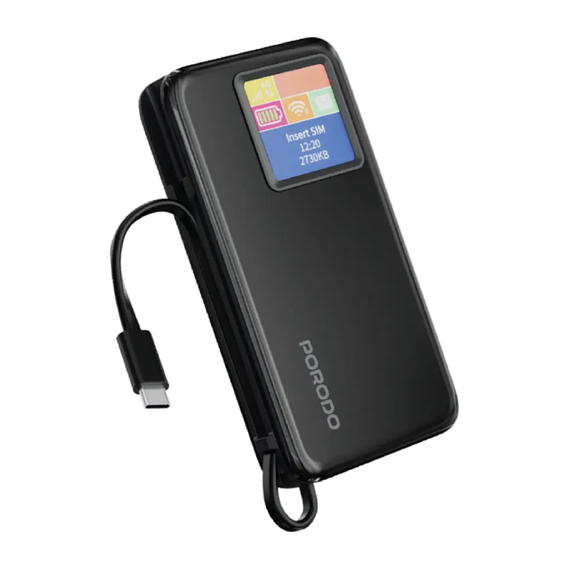 Porodo Pocket Router with Power Bank - 10,000mAh / 4G LTE/WiFi 6 / USB-C / Black