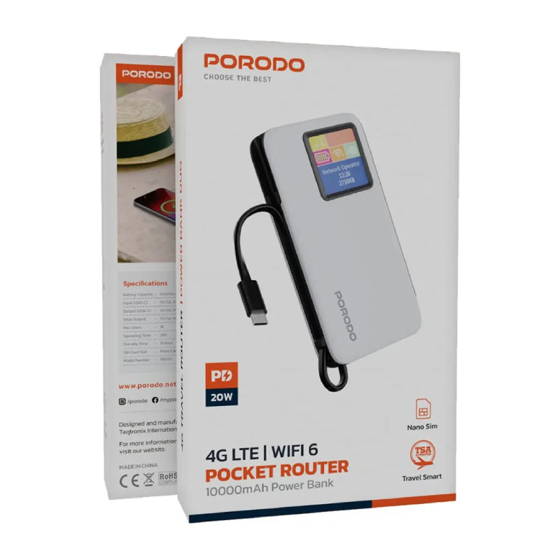Porodo Pocket Router with Power Bank - 10,000mAh / 4G LTE/Wi-Fi 6 / USB-C / White