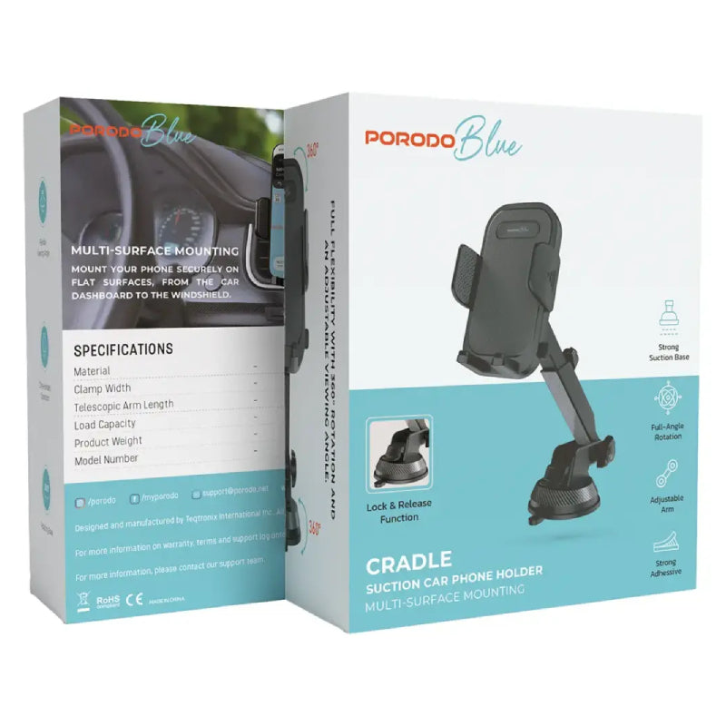 Porodo Blue Cradle Suction Car Phone Holder - Black