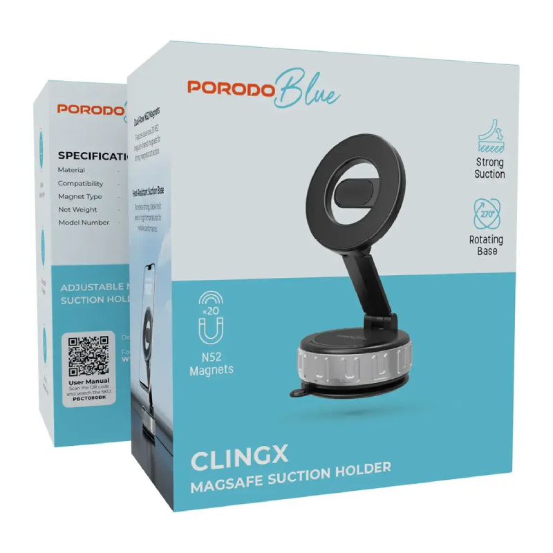 Porodo MagSafe Blue Cling X Suction Cup Holder - Black