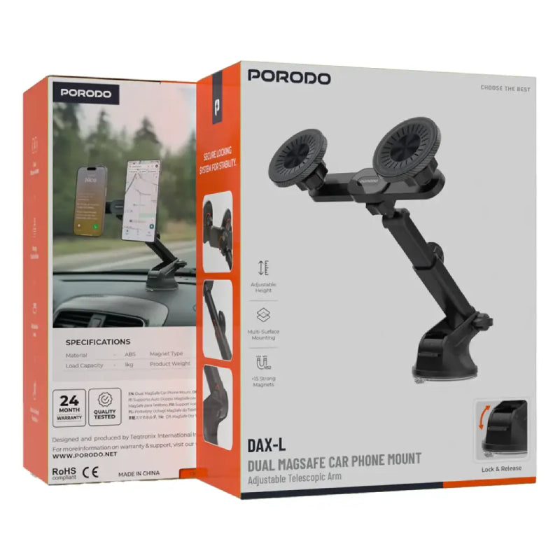 Porodo Dax-L Dual MagSafe Car Phone Holder with Adjustable Telescopic Arm - Black