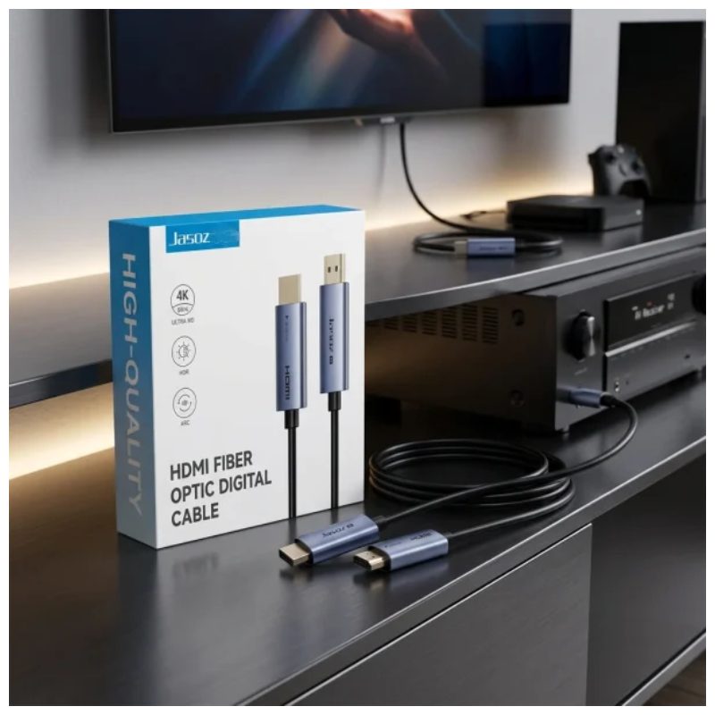كابل جازوز HDMI بالألياف الضوئية، 8K، بسرعة 48 جيجابت في الثانية، بطول 20 متر، باللون الأسود
