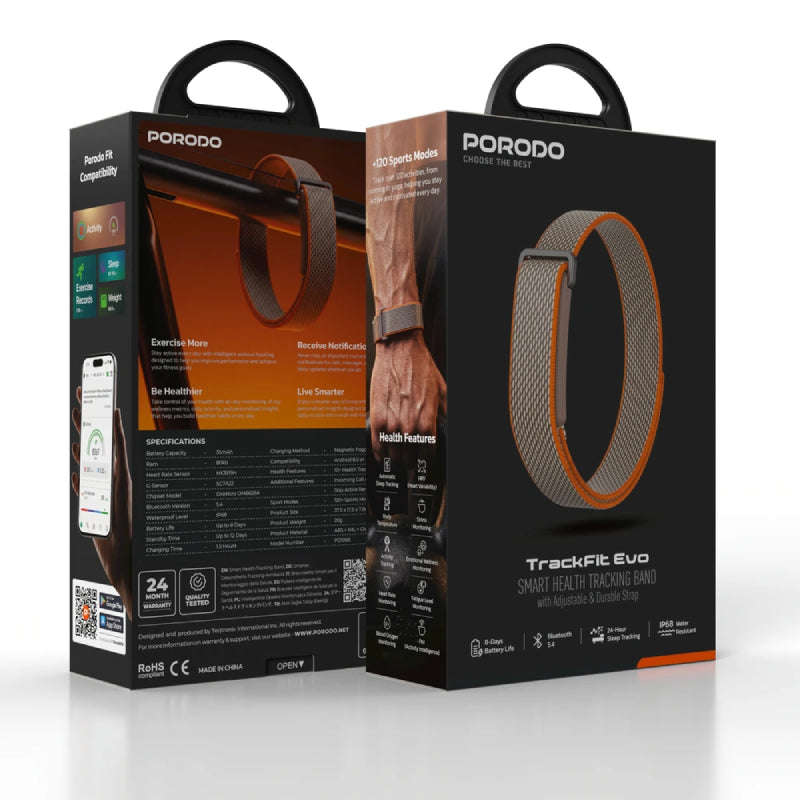Porodo TrackFit Evo Smart Health Tracking Bracelet - Bluetooth / 35mAh / Orange