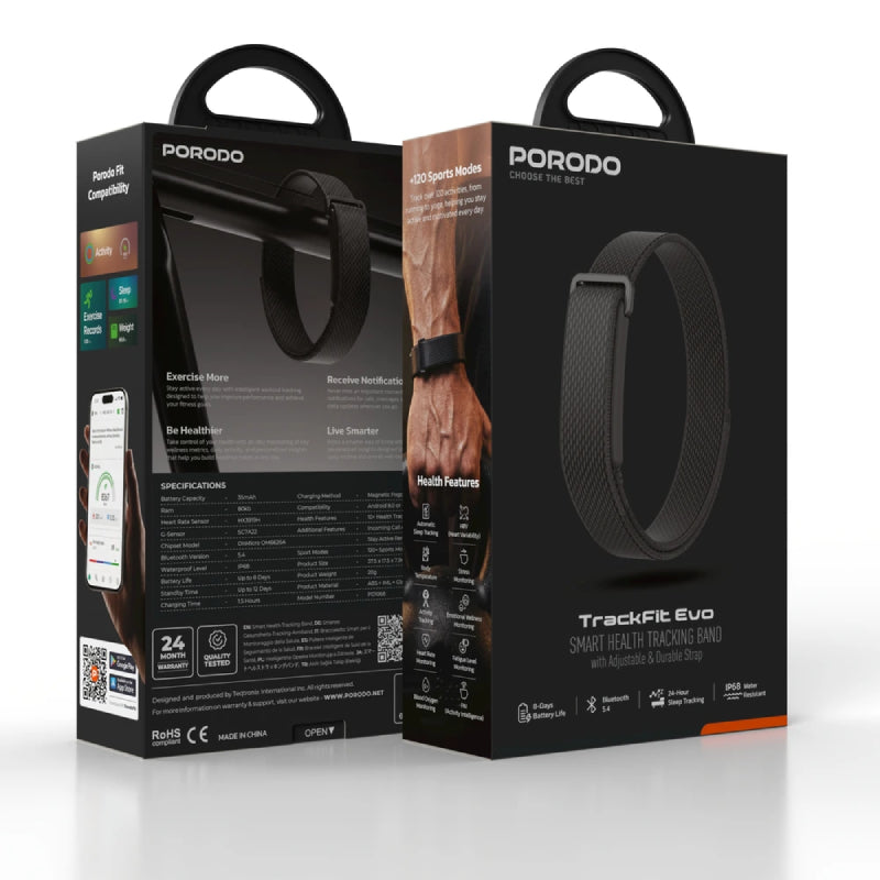 Porodo TrackFit Evo Smart Health Tracking Bracelet - Bluetooth / 35mAh / Black
