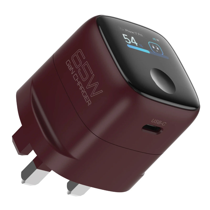 Pawa Aura TFT Display Single Port Charger with Type-C Cable - 65W / USB-C / Red