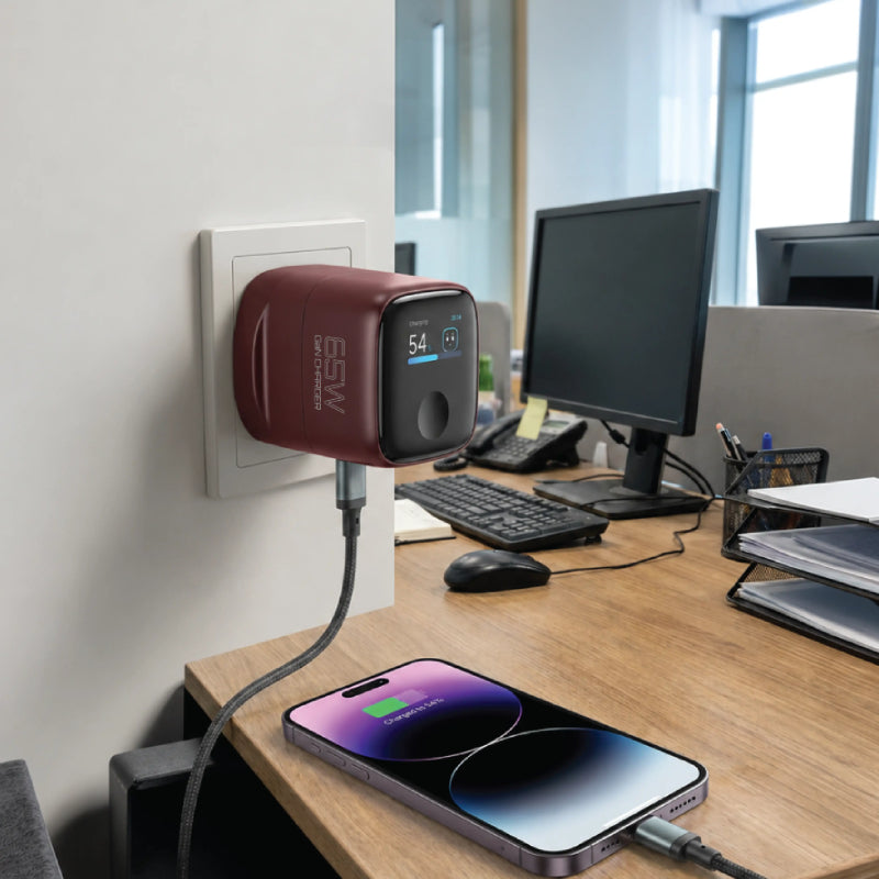 Pawa Aura TFT Display Single Port Charger with Type-C Cable - 65W / USB-C / Red