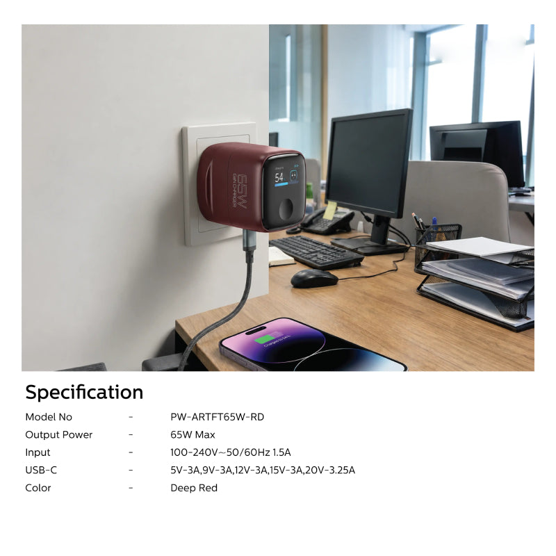 Pawa Aura TFT Display Single Port Charger with Type-C Cable - 65W / USB-C / Red