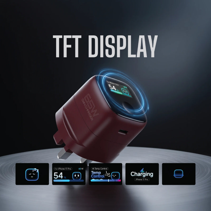 Pawa Aura TFT Display Single Port Charger with Type-C Cable - 65W / USB-C / Red