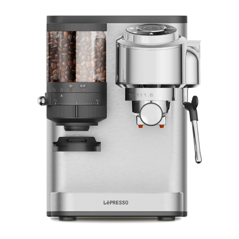 LePresso IlBurrone Italian Pump Coffee Machine with Bean Grinder and Steam Wand - 1350W / 1.7L / Silver