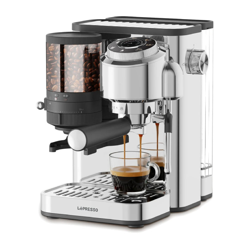 LePresso IlBurrone Italian Pump Coffee Machine with Bean Grinder and Steam Wand - 1350W / 1.7L / Silver