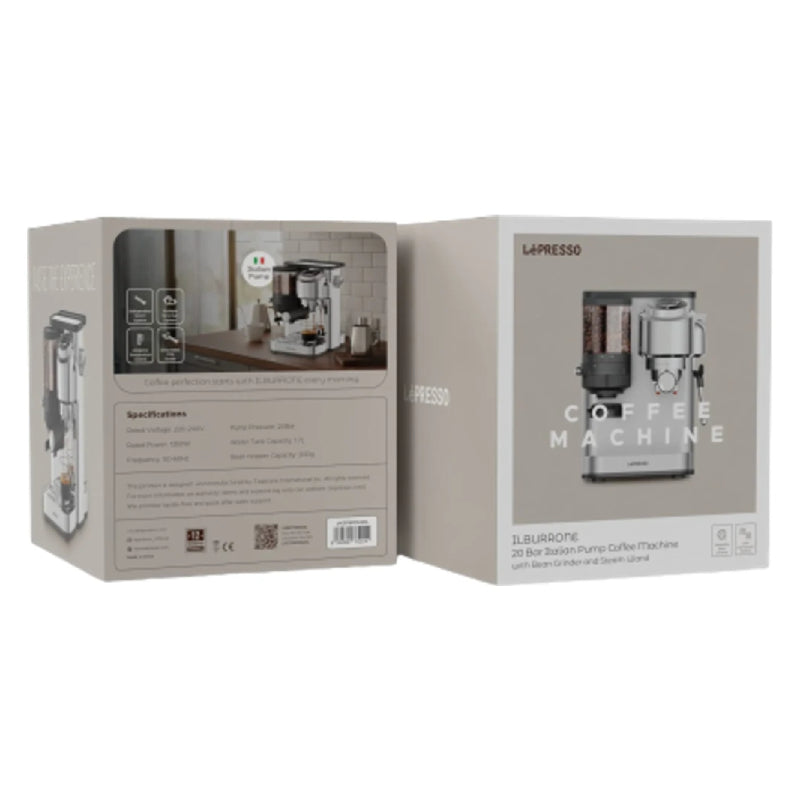 LePresso IlBurrone Italian Pump Coffee Machine with Bean Grinder and Steam Wand - 1350W / 1.7L / Silver
