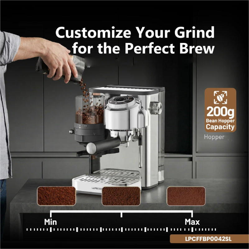 LePresso IlBurrone Italian Pump Coffee Machine with Bean Grinder and Steam Wand - 1350W / 1.7L / Silver