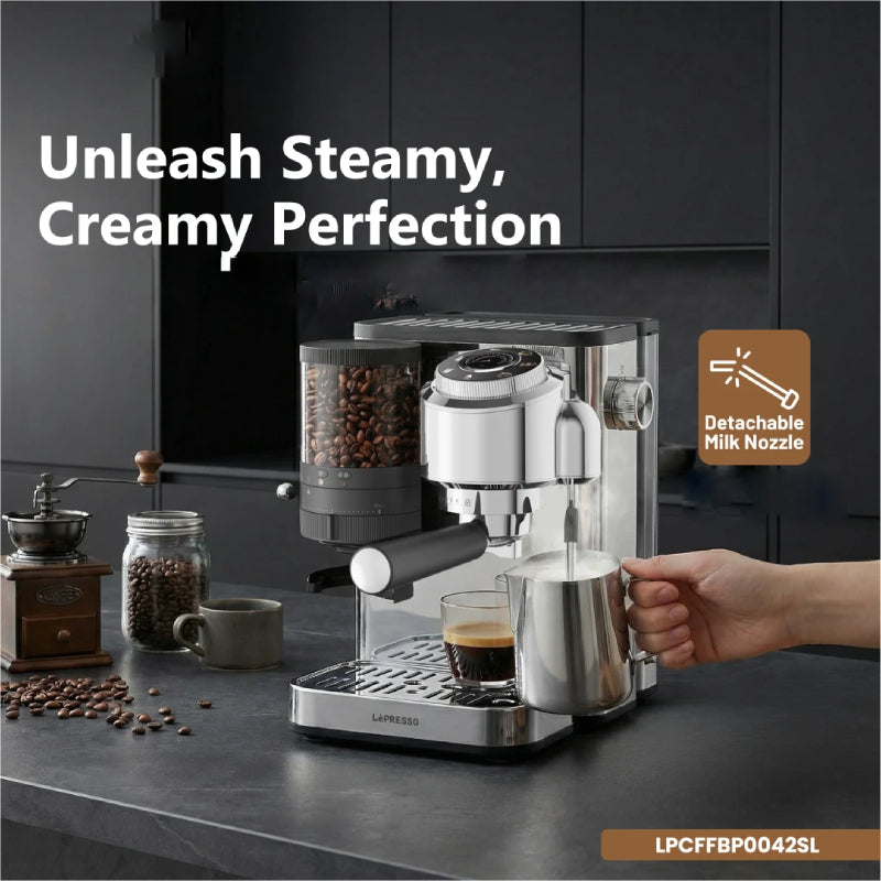 LePresso IlBurrone Italian Pump Coffee Machine with Bean Grinder and Steam Wand - 1350W / 1.7L / Silver