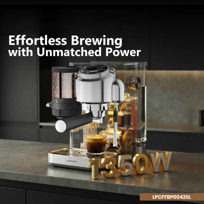 LePresso IlBurrone Italian Pump Coffee Machine with Bean Grinder and Steam Wand - 1350W / 1.7L / Silver