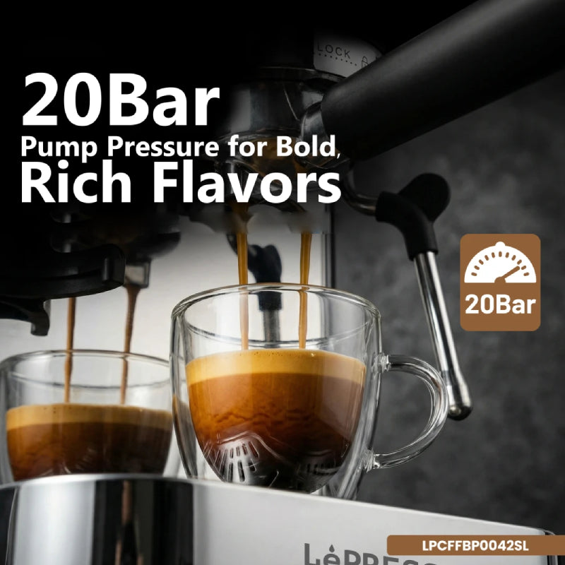 LePresso IlBurrone Italian Pump Coffee Machine with Bean Grinder and Steam Wand - 1350W / 1.7L / Silver