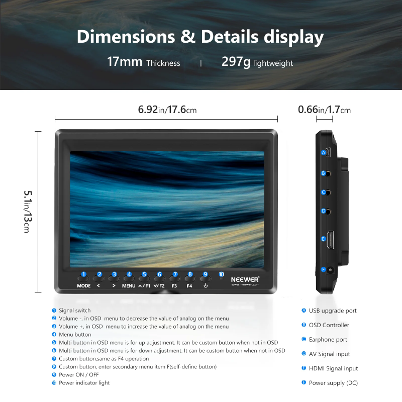 NEEWER F100 7 Inch HD Camera Field Monitor Kit - IPS LCD / HDMI / AV