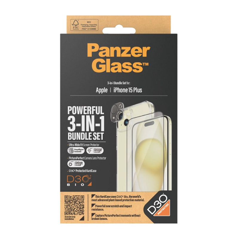 PanzerGlass ألترا واسع الملاءمة مع حزمة D3O صلب زجاج   شاشة  واقي ابل ايفون  15 بلس - - شفاف