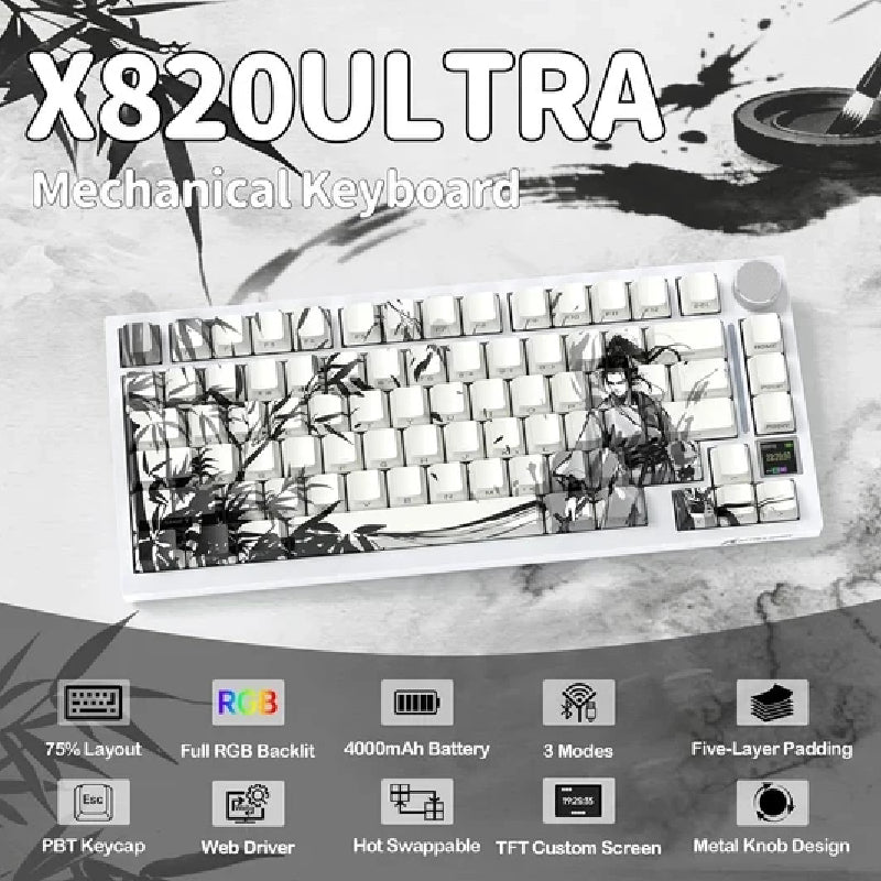ATTACK SHARK X820 Ultra Tri Mode Wireless RGB Mechanical Gaming Keyboard Gift Switch - Dark Warrior