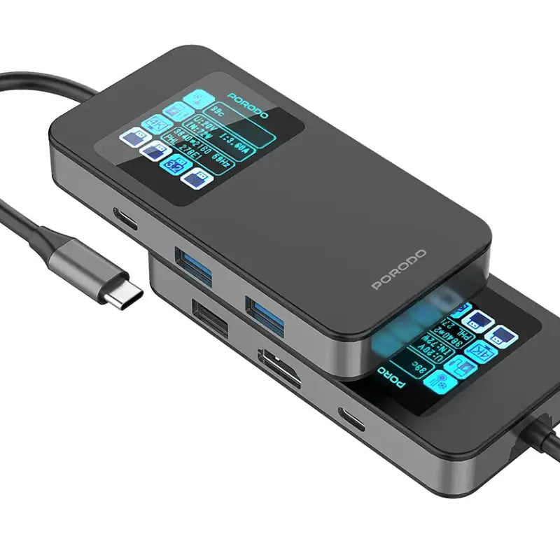 Porodo 6-في-1منفذ يو اس بي موزع مع شاشة رقمية ذكي شاشة  رمادي
