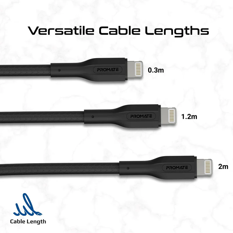 PROMATE CableKit-Ci كابل  شحن عالي القوة الشد كابل  480 ميجابت في الثانية / يو اس بي/ لايتننج  أسود  عبوة من 3 قطع