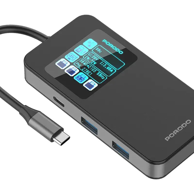 Porodo 6-في-1منفذ يو اس بي موزع مع شاشة رقمية ذكي شاشة  رمادي