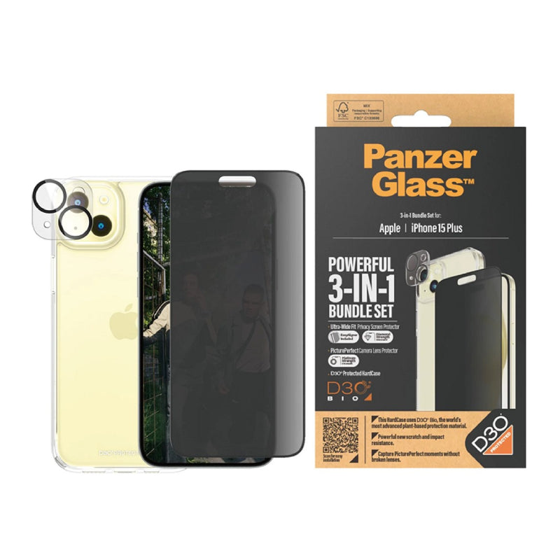 PanzerGlass Ultra Wide Fit with D3O Bundle Tempered Glass Screen Protector for Apple iPhone 15 Plus - Privacy