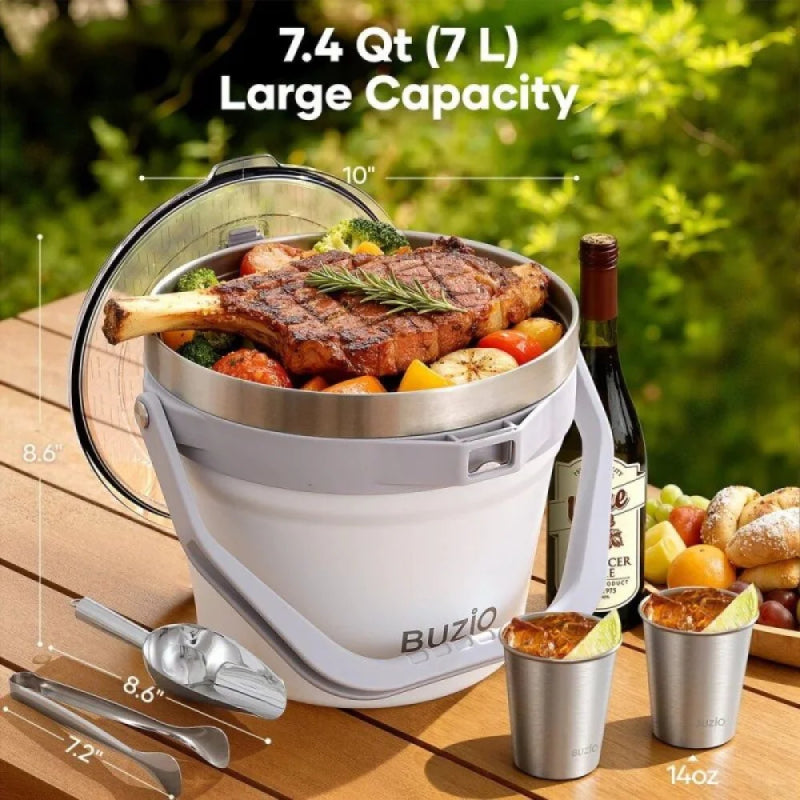 Buzio Insulated Ice Bucket with Lid Scoop Tongs and 2 Cups - 7L / White