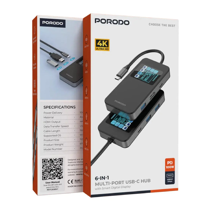 Porodo 6-في-1منفذ يو اس بي موزع مع شاشة رقمية ذكي شاشة  رمادي