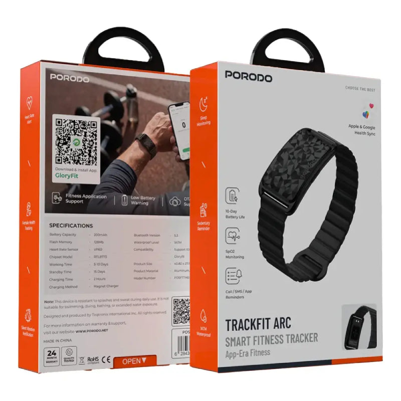 Porodo TrackFit Arc Smart Fitness Band with Magnetic Strap - Bluetooth / 200mAh / Black