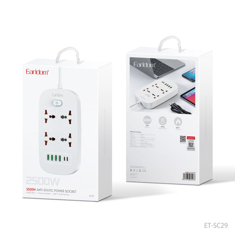 Earldom ET-SC29 Antistatic Power Socket - 4-Way / 2500W / USB-A / USB-C / White