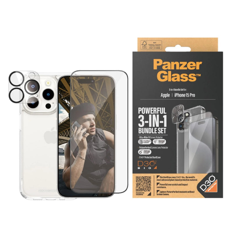 PanzerGlass Ultra Wide Fit with D3O Bundle Tempered Glass Screen Protector for Apple iPhone 15 Pro - Clear