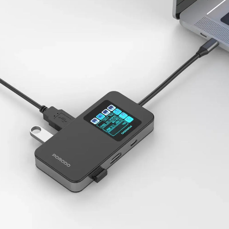 Porodo 6-في-1منفذ يو اس بي موزع مع شاشة رقمية ذكي شاشة  رمادي