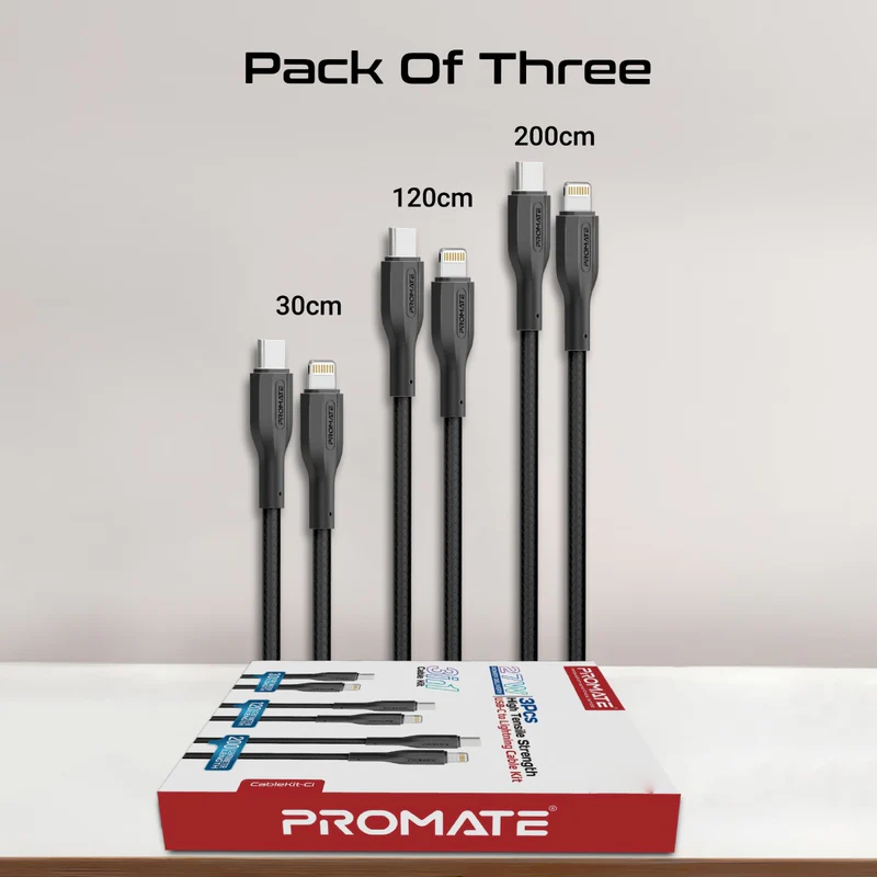 PROMATE CableKit-Ci كابل  شحن عالي القوة الشد كابل  480 ميجابت في الثانية / يو اس بي/ لايتننج  أسود  عبوة من 3 قطع