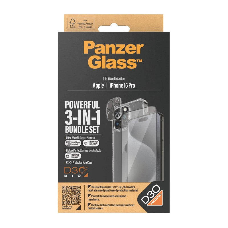 PanzerGlass Ultra Wide Fit with D3O Bundle Tempered Glass Screen Protector for Apple iPhone 15 Pro - Clear