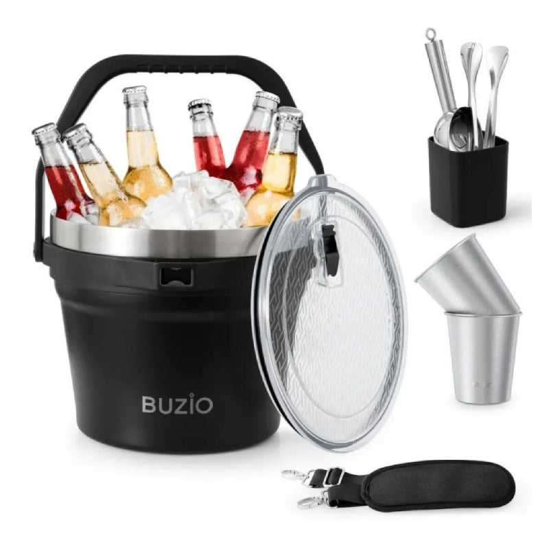 Buzio Insulated Ice Bucket with Lid Scoop Tongs and 2 Cups - 7L / Black