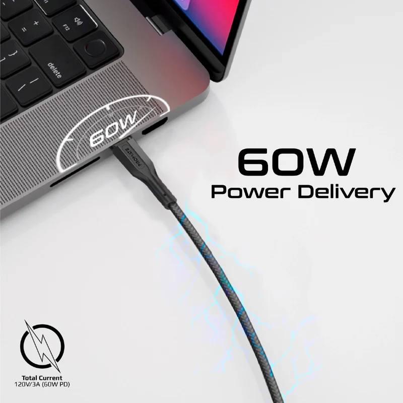 كابل  شحن PROMATE CableKit-CC عالي المقاومة للشد كابل  60 واط / 480 ميجابت في الثانية / يو اس بي/ أسود  عبوة من 3 قطع