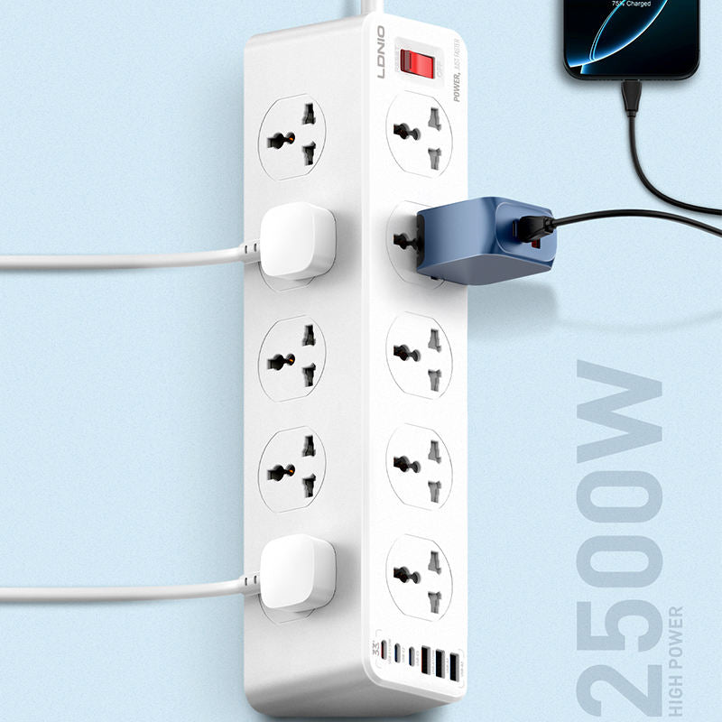 Ldnio SC10610C 10 Outlet Power Socket - 10 Way / UK Plug / USB-C / USB-A / 2 Meters / White