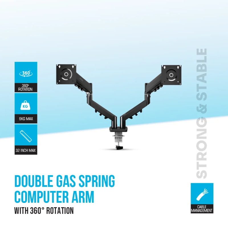 Pawa Double Gas Spring Computer Arm - 13"-32" Inch / 445mm / Black
