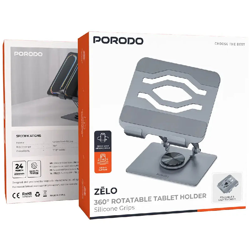 Porodo Zelo 360° Rotating Tablet Stand with Silicone Grips – Gray