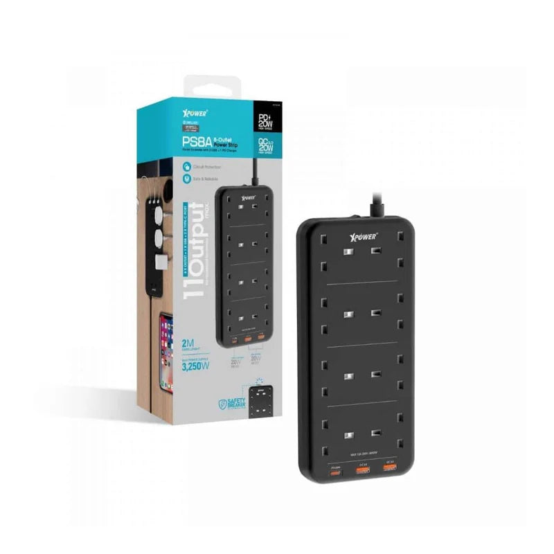 XPower PS8A 11 Output Sockets Power Strip - 3250W / 1 x Type-C / 2 x USB 3.0 / Black