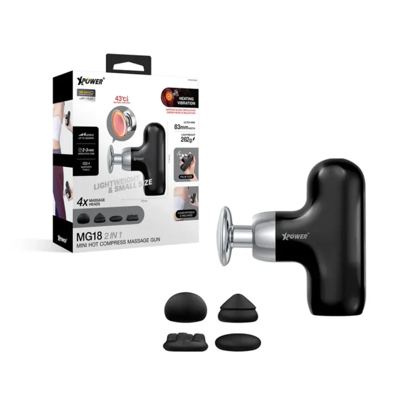 XPower MG18 2-in-1 Mini Hot Compress Massage Gun - Black