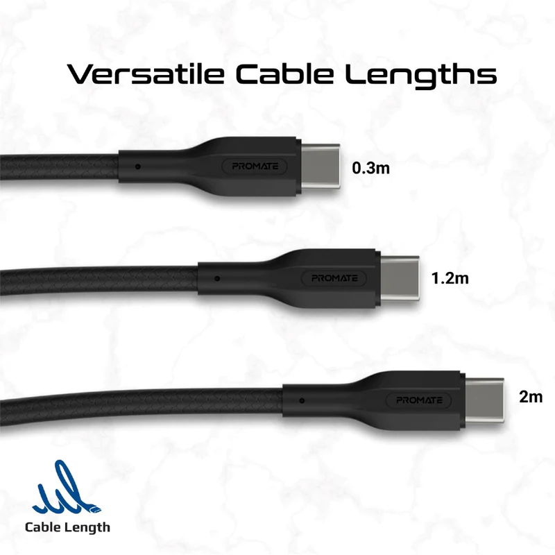 كابل  شحن PROMATE CableKit-CC عالي المقاومة للشد كابل  60 واط / 480 ميجابت في الثانية / يو اس بي/ أسود  عبوة من 3 قطع